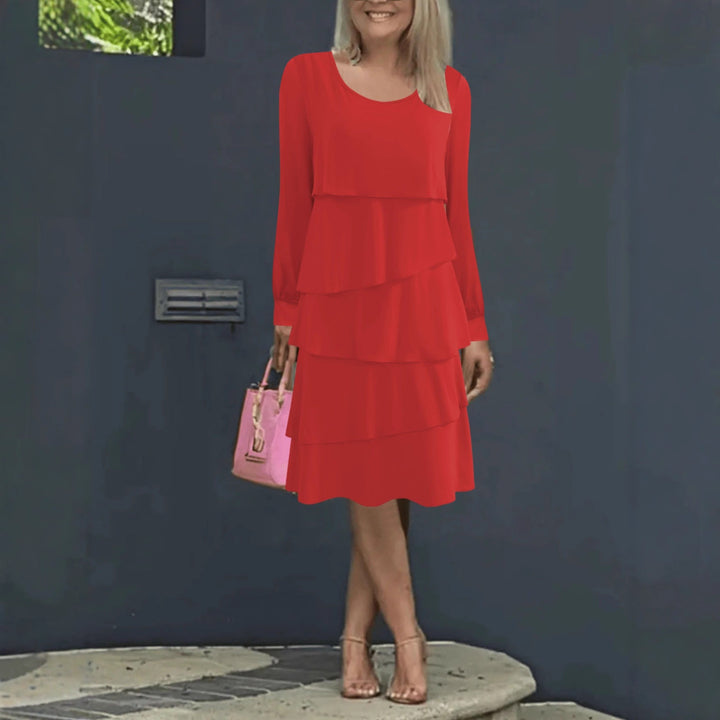 Damen Elegantes gestuftes Midikleid mit Volantlagen, Rundhalsausschnitt und Manschetten Echoarchiv