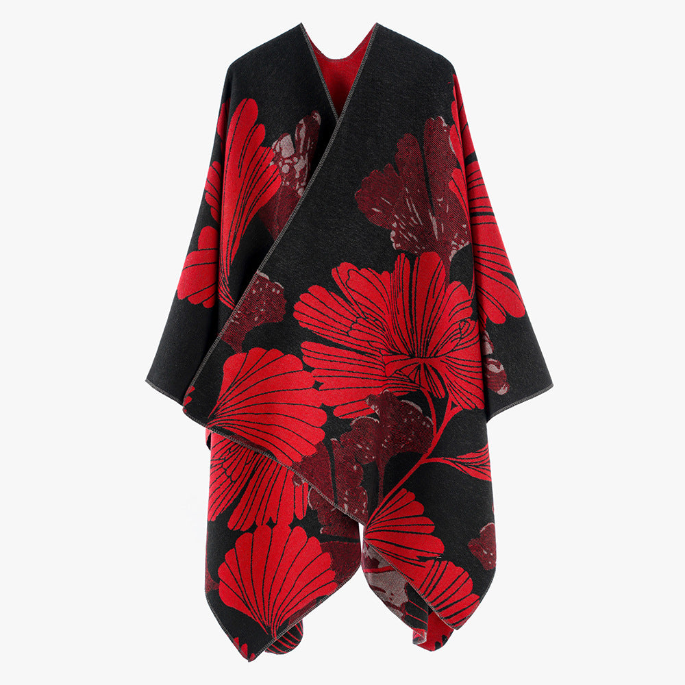 Damen Jacquard‑Capeponcho mit großflächigem Blatt‑Jacquard und offenem Wickelschnitt – Montévia