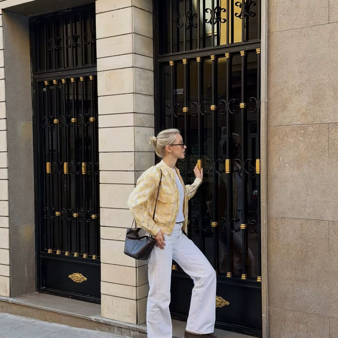 Damen Jacquard-Bomberjacke im Cropped-Boxy-Schnitt mit Pattentaschen Echoarchiv