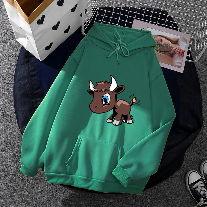 Damen Kapuzenpullover mit charmantem Stier-Karikaturprint, Kängurutasche und entspanntem Oversize-Schnitt – Auréline
