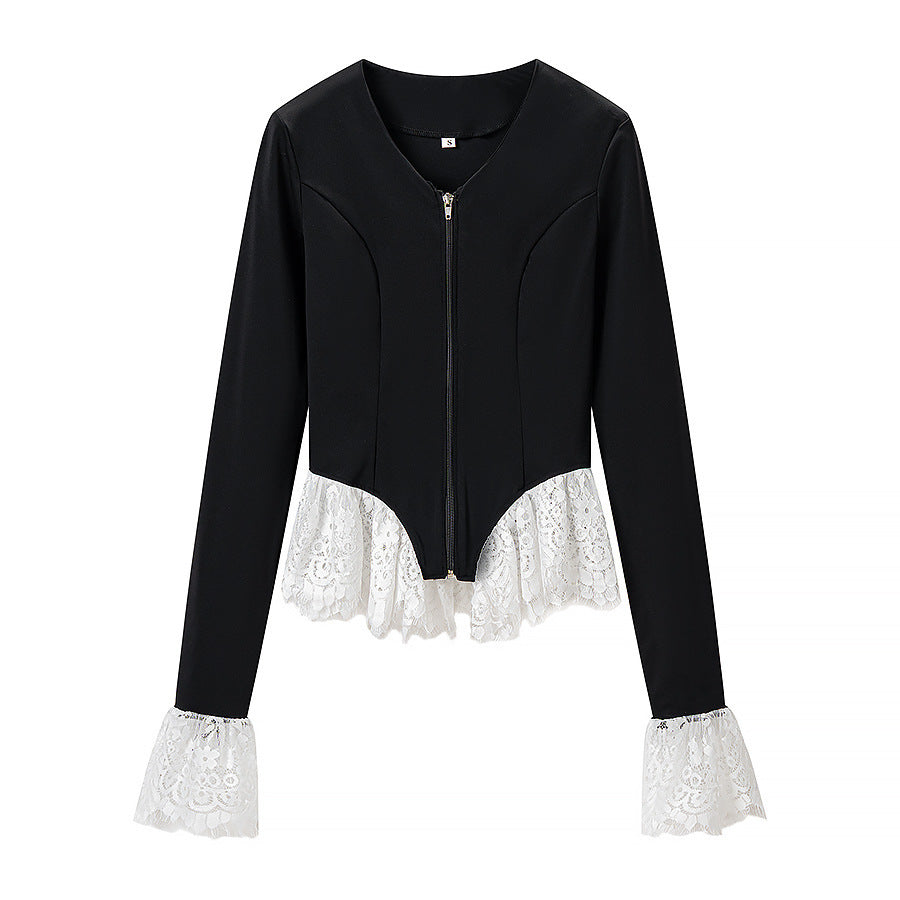 Damen Taillierte Zip‑Jacke mit Spitzenvolant am Saum und Ärmelabschluss Echo Archiv