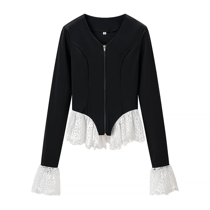 Damen Taillierte Zip‑Jacke mit Spitzenvolant am Saum und Ärmelabschluss Echo Archiv