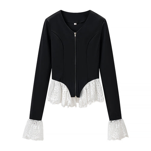 Damen Taillierte Zip‑Jacke mit Spitzenvolant am Saum und Ärmelabschluss Echo Archiv