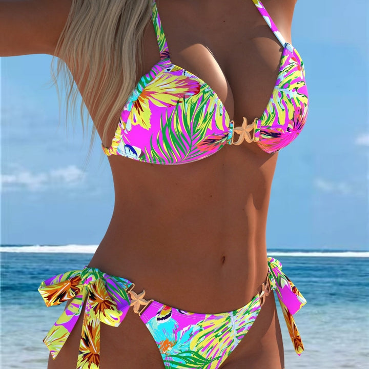 Damen Triangel-Bikini mit tropischem Muster und dekorativen Schnürdetails Echo Archiv