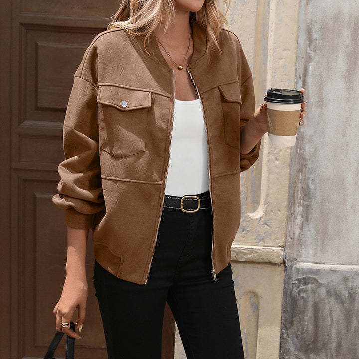Damen Oversize Wildlederoptik-Bomberjacke mit Brustklappen und Reißverschluss – Avenza
