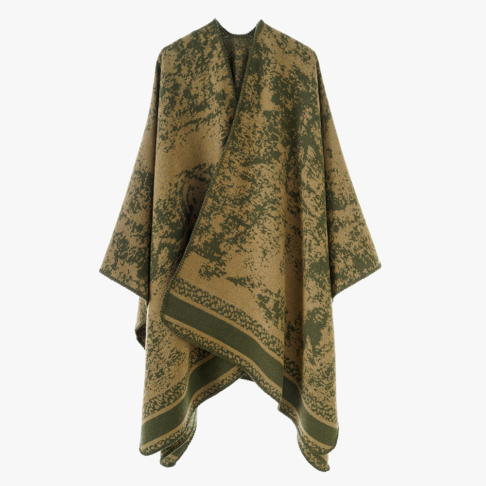 Damen Jacquard‑Überwurfponcho mit offener Front, kastiger Silhouette und fein gekettelter Saumkante – Avérine