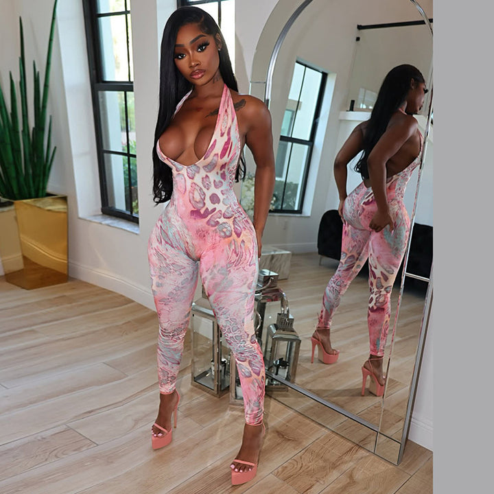 Damen Bodycon Jumpsuit mit schmalem Schnitt und tiefem V-Ausschnitt Echo Archiv
