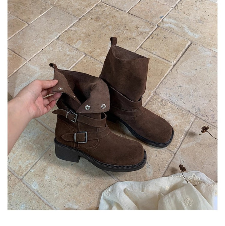 Damen Veloursleder-Bikerstiefel mit Schnallen und mittlerem Blockabsatz Echo Archiv