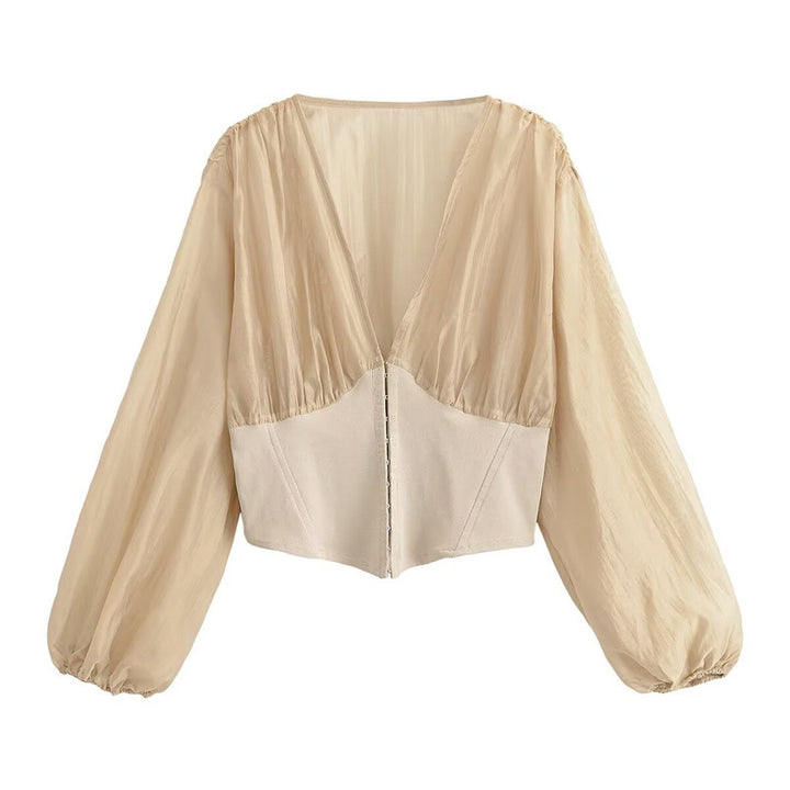 Damen Cropped Chiffon-Bluse mit tiefem V-Ausschnitt und tailliertem Korsettbund Echo Archiv