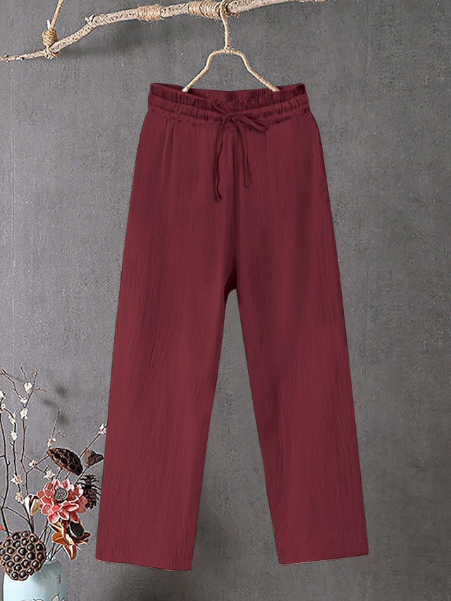 Damen Crinkle Leinenmischung Hose mit elastischem Kordelzug, gerade Beinform und lässiger Passform – Avélisse
