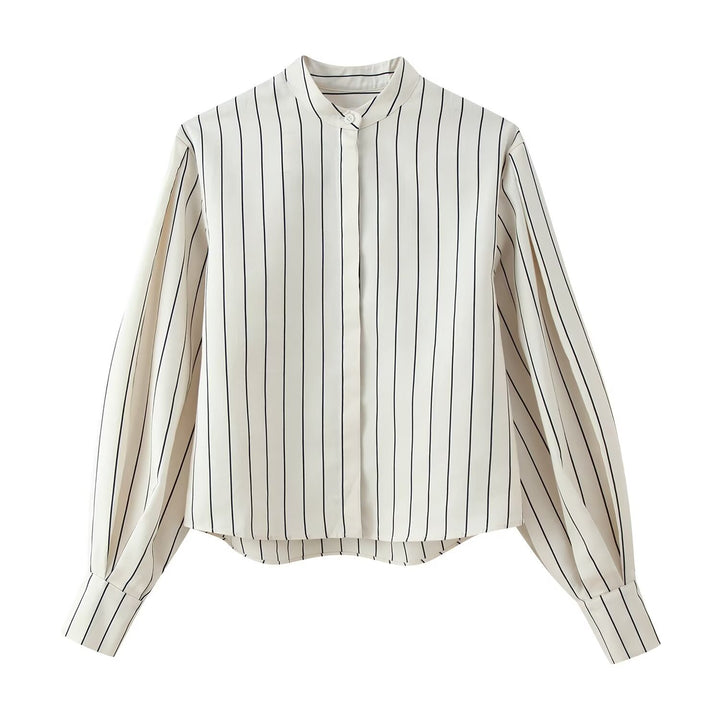 Damen Gestreifte Standkragen‑Bluse mit verdeckter Knopfleiste und Ballonärmeln Echoarchiv