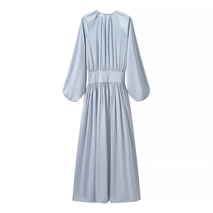 Damen fließendes Maxikleid mit gerafftem Oberteil, breitem Taillenbund und voluminösen Ballonärmeln – Valéora