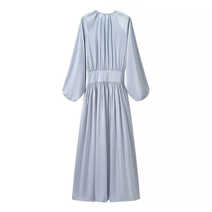 Damen fließendes Maxikleid mit gerafftem Oberteil, breitem Taillenbund und voluminösen Ballonärmeln – Valéora