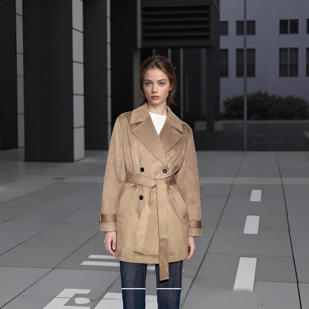 Damen Taillierter Wildlederoptik-Trenchcoat mit Bindegürtel und doppelreihiger Knopfleiste Echo Archiv