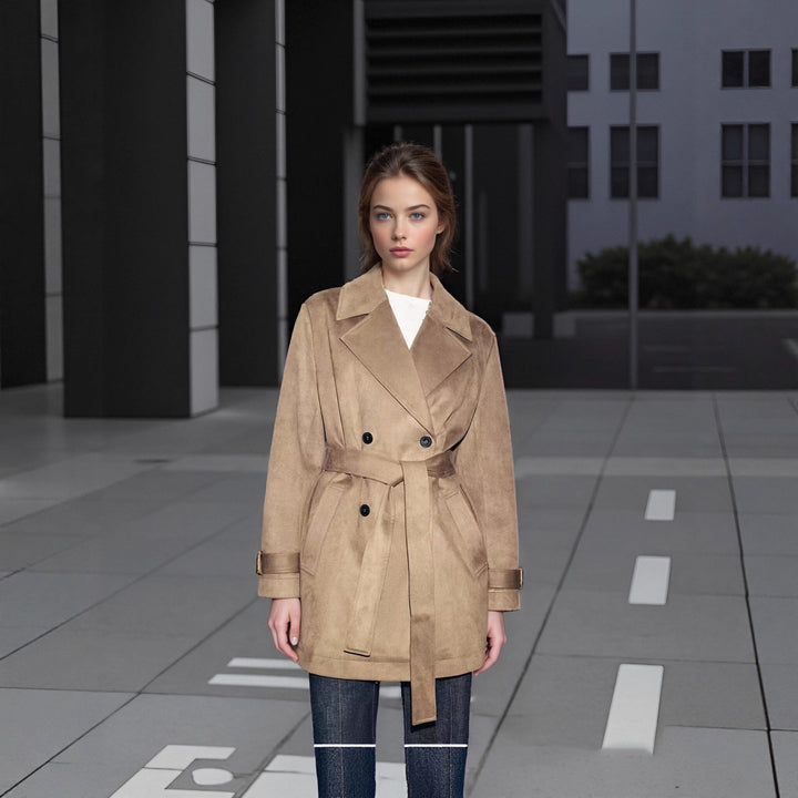 Damen Taillierter Wildlederoptik-Trenchcoat mit Bindegürtel und doppelreihiger Knopfleiste Echo Archiv