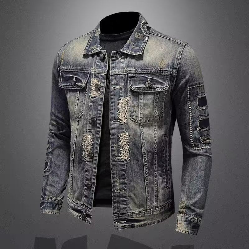 Herren Vintage-Jeansjacke mit Used-Effekten, Destroyed-Details und aufgesetzten Brusttaschen Echoarchiv