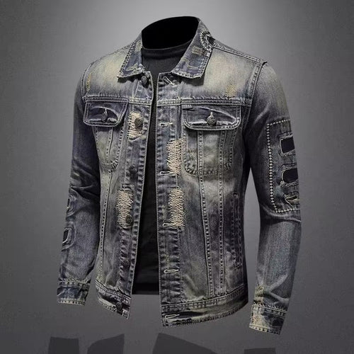 Herren Vintage-Jeansjacke mit Used-Effekten, Destroyed-Details und aufgesetzten Brusttaschen Echoarchiv
