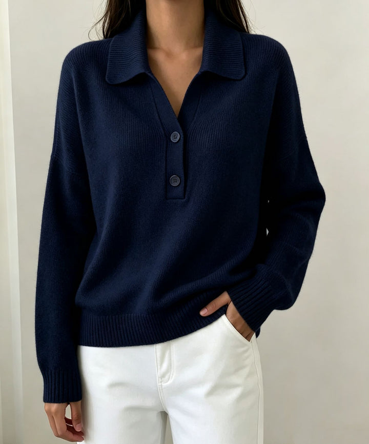 Damen Polokragen-Pullover mit halber Knopfleiste und geripptem Saum – Mavelle