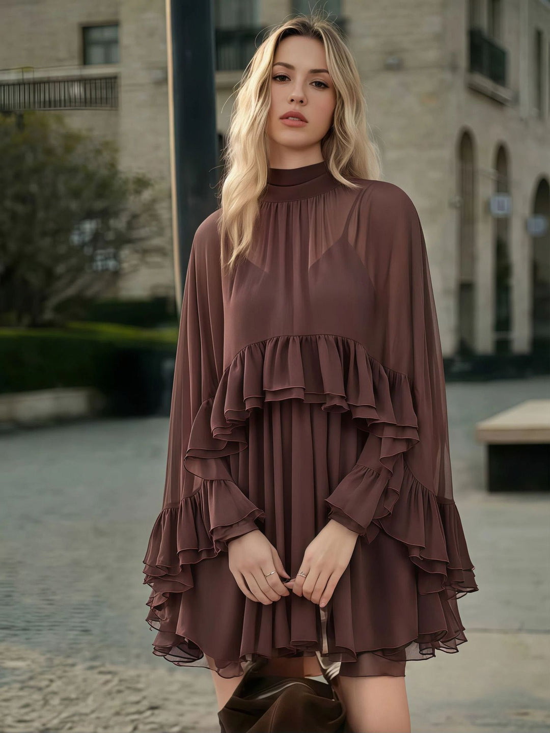 Damen romantisches Chiffonkleid mit Volants und weitem Saum Echo Archiv
