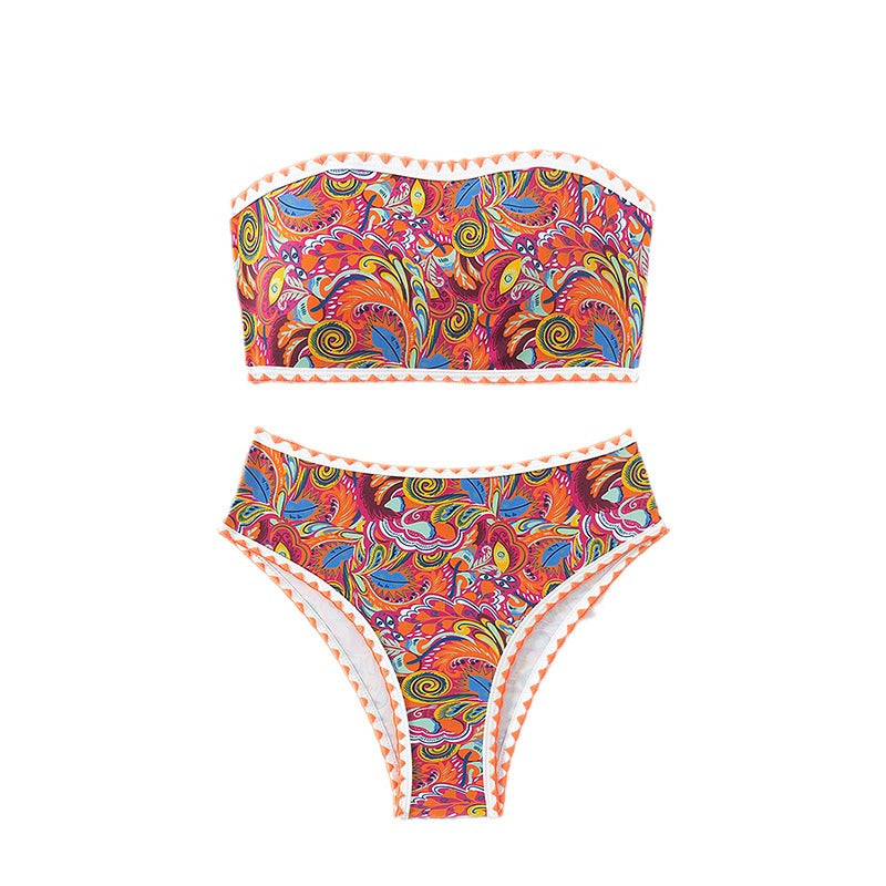 Damen Bandeau-Bikini mit buntem Psychedelic-Design und eleganten Rüschen Echo Archiv