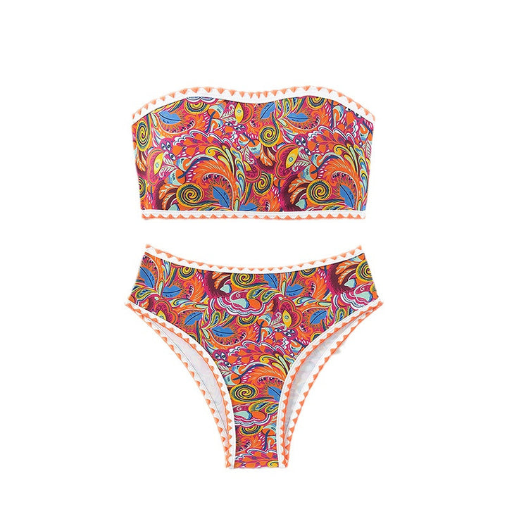 Damen Bandeau-Bikini mit buntem Psychedelic-Design und eleganten Rüschen Echo Archiv