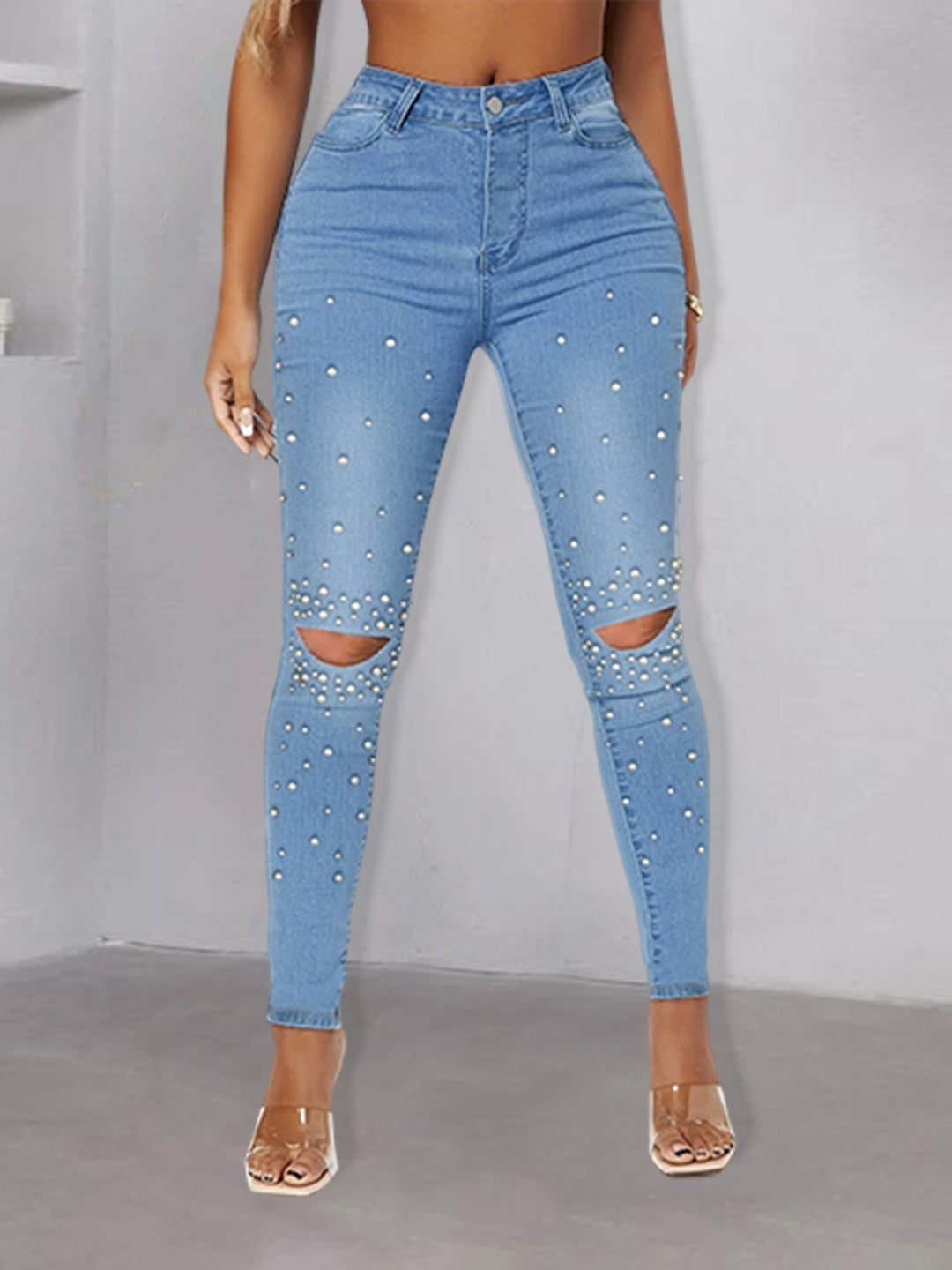 Damen Enganliegende High-Waist Skinny-Jeans mit Perlenbesatz und Knie-Cutouts Echo Archiv