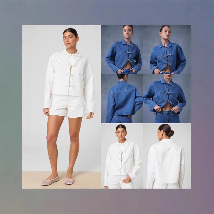 Damen nan kurze Denimjacke mit dekorativen Knotenverschlüssen, kastiger Silhouette und Hemdkragen Echo Archiv
