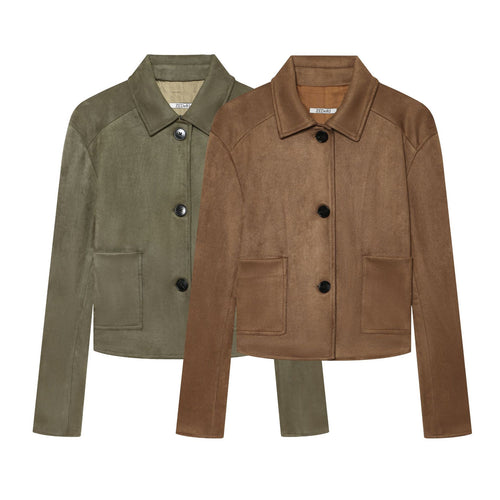 Damen Taillierter Cropped-Blouson aus Veloursimitat mit Hemdkragen und aufgesetzten Taschen Echo Archiv