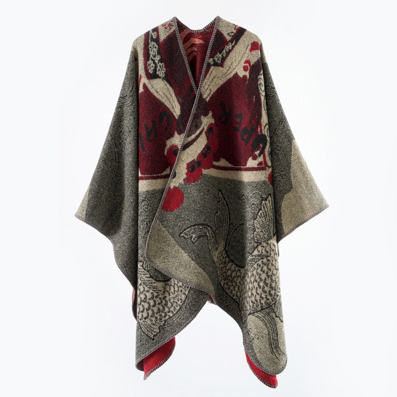 Damen Jacquard-Strick Cape mit Koi-Motiv und weitem Oversize-Fall Echo Archiv