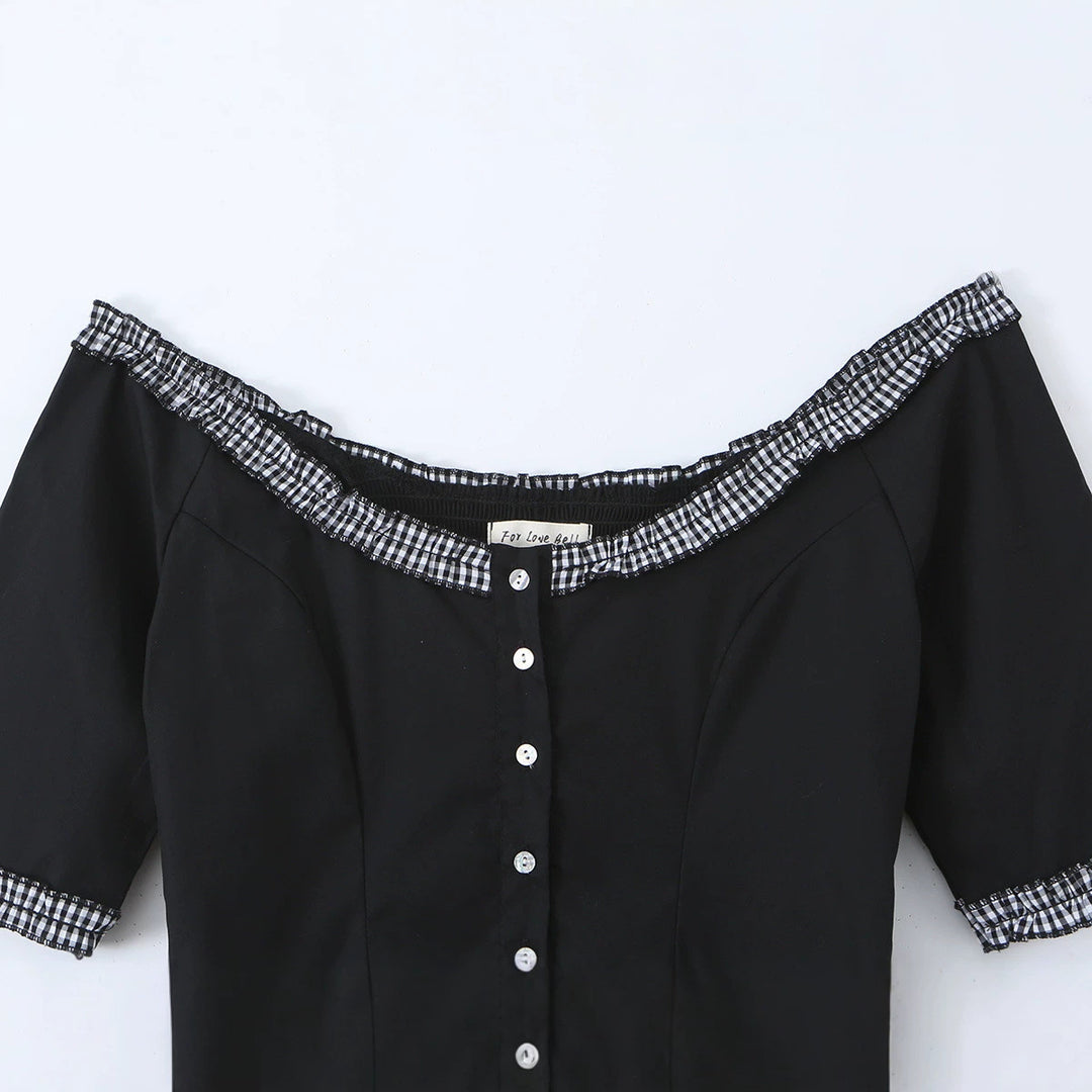 Damen Off-Shoulder Carmenkleid mit Knopfleiste, taillierter A‑Linie und kariertem Rüschenbesatz Echo Archiv
