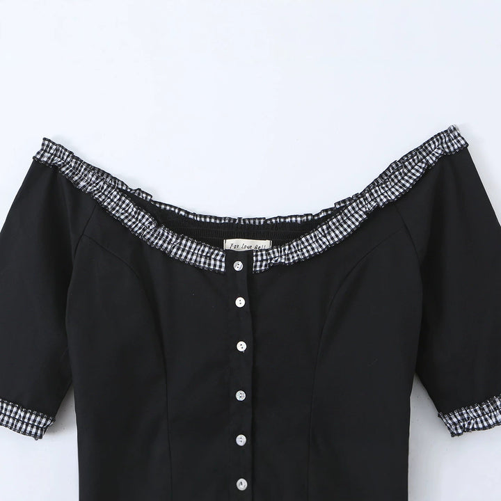 Damen Off-Shoulder Carmenkleid mit Knopfleiste, taillierter A‑Linie und kariertem Rüschenbesatz Echo Archiv