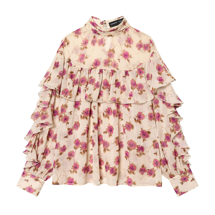 Damen zarte Volantbluse mit Stehkragen, mehrlagigen Rüschenstufen und floralem Chiffon – Élovi