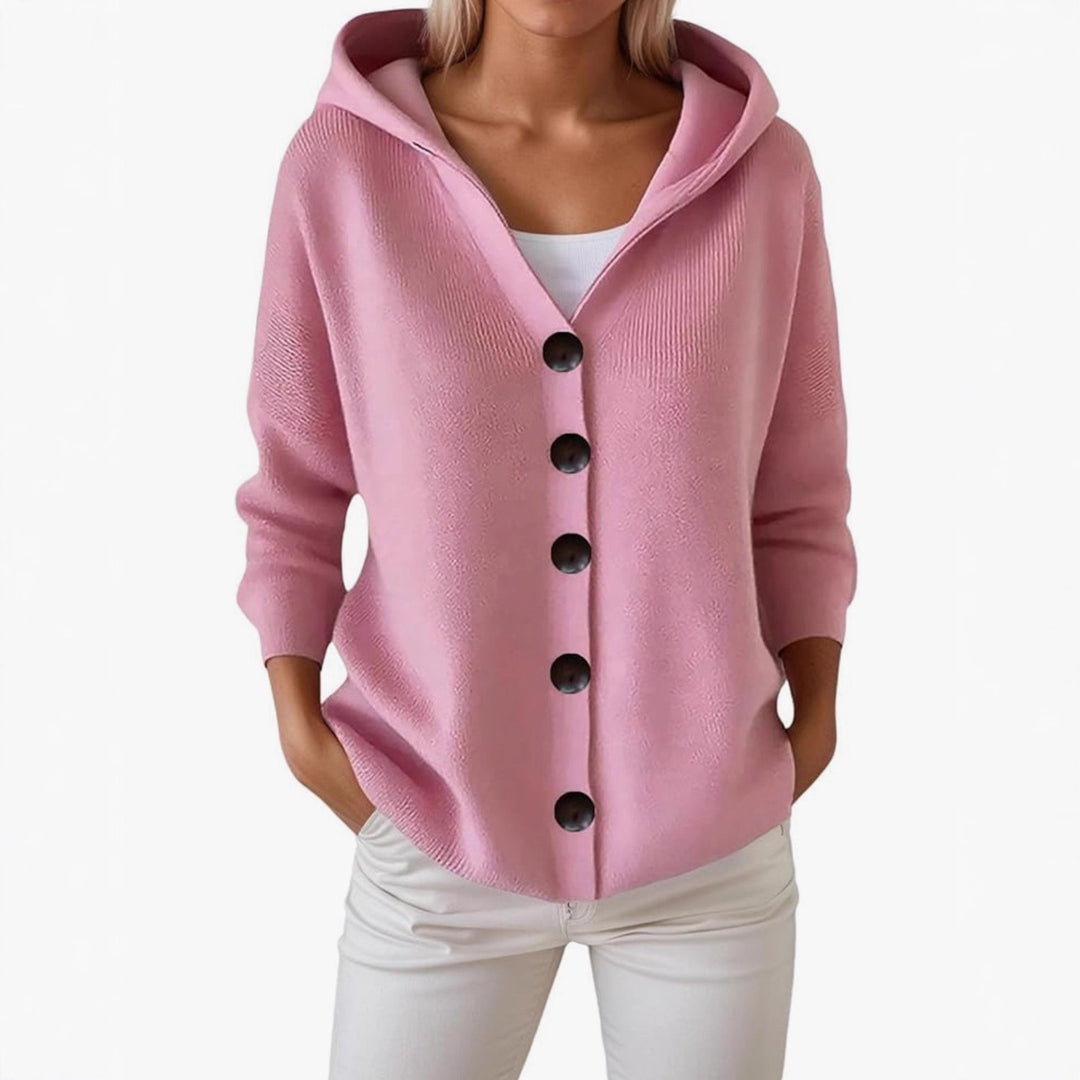 Damen Kapuzen-Strickjacke mit großen Holzknöpfen und seitlichen Eingrifftaschen – Veloura
