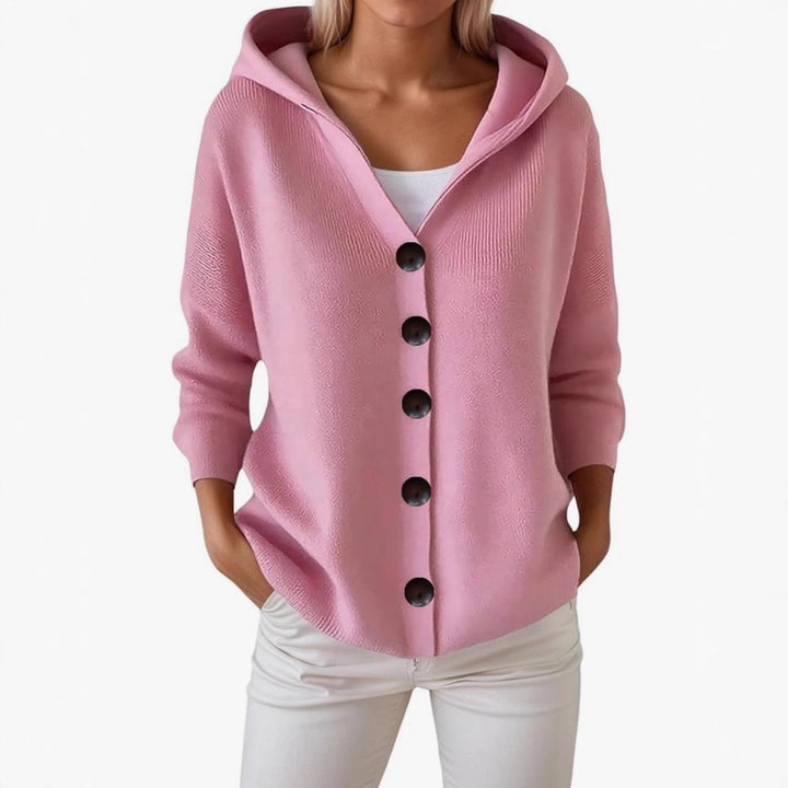 Damen Kapuzen-Strickjacke mit großen Holzknöpfen und seitlichen Eingrifftaschen – Veloura