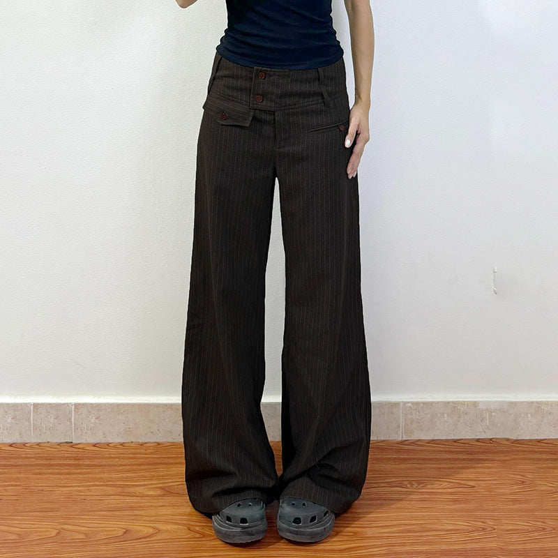 Damen Elegante weit geschnittene Streifenhose mit hoch sitzendem Bund und dekorativen Knopfdetails Echo Archiv