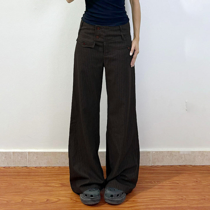 Damen Elegante weit geschnittene Streifenhose mit hoch sitzendem Bund und dekorativen Knopfdetails Echo Archiv