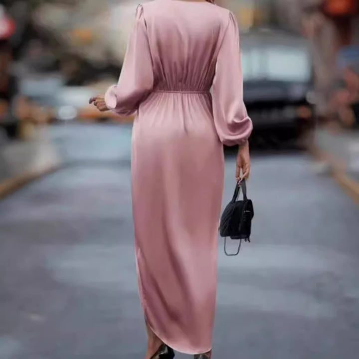 Damen nan elegantes Satin-Midikleid mit Twist-Taille V-Ausschnitt und Ballonärmeln Echo Archiv