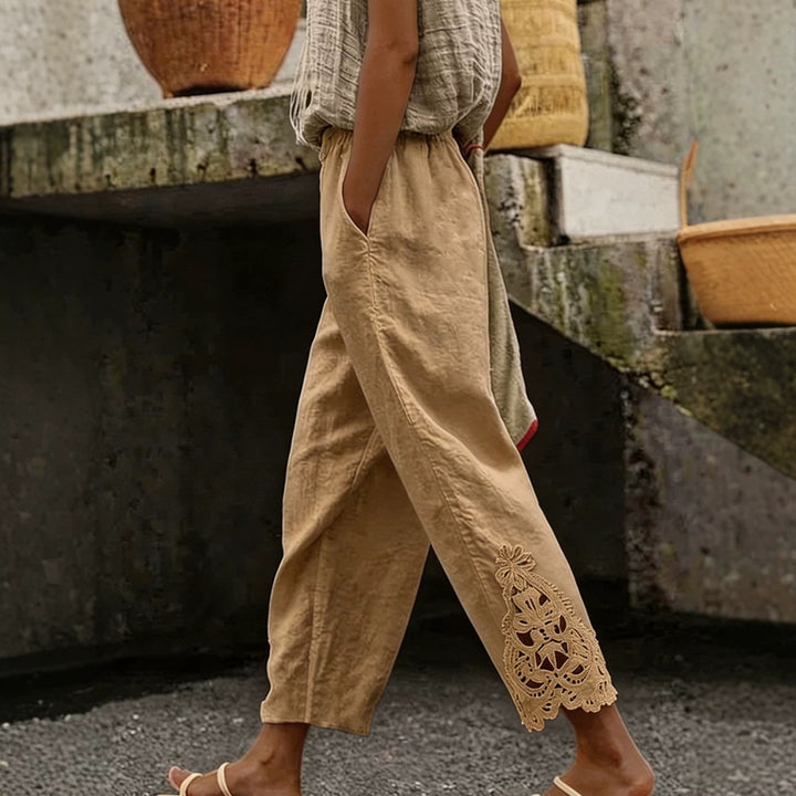 Damen elegante Leinenhose mit Spitzenapplikationen Echo Archiv
