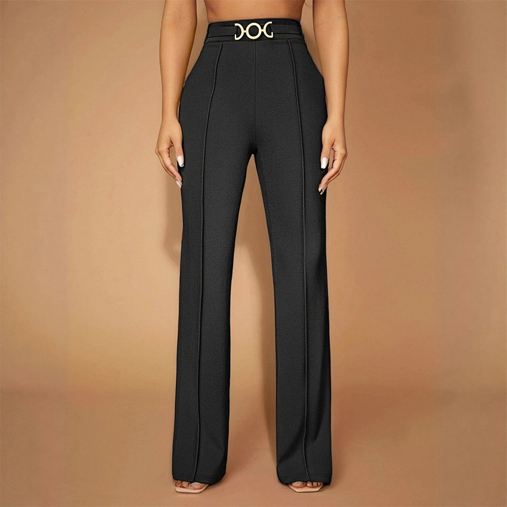 Damen Elegante Hochtaillierte Stoffhose mit diagonalen Nähte und dekorativem Gürtel Echo Archiv