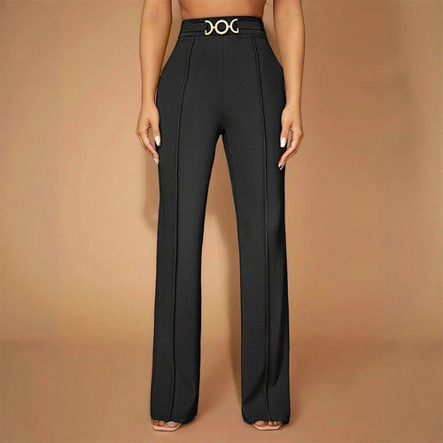 Damen Elegante Hochtaillierte Stoffhose mit diagonalen Nähte und dekorativem Gürtel Echo Archiv