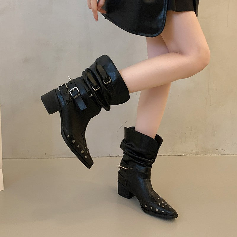 Damen Modische Stiefeletten mit Schnallen und Nieten – Varelle