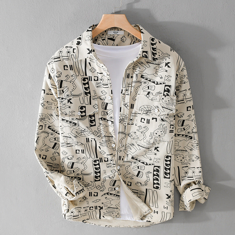 Herren Leichtes Baumwoll-Overshirt mit künstlerischem Linien-Print und doppelter Brusttasche Echoarchiv