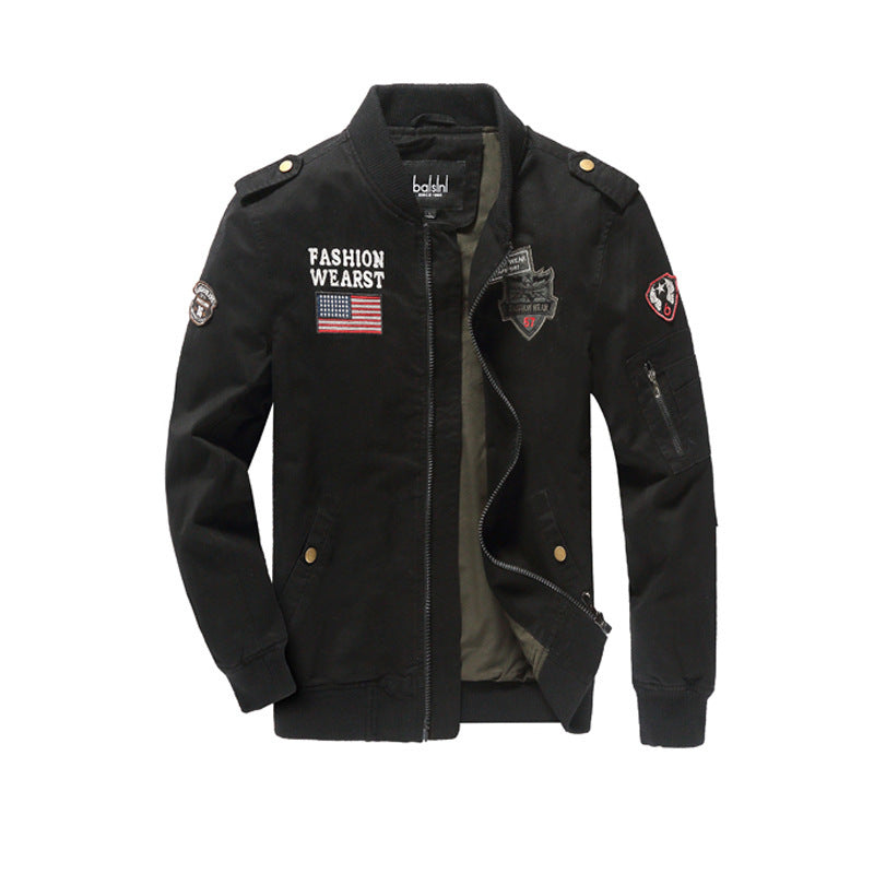 Herren Canvas-Bomberjacke mit Patchdetails, Ärmel-Utilitytasche und Rippbündchen – Brevano