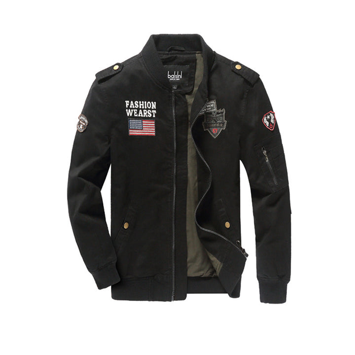 Herren Canvas-Bomberjacke mit Patchdetails, Ärmel-Utilitytasche und Rippbündchen – Brevano