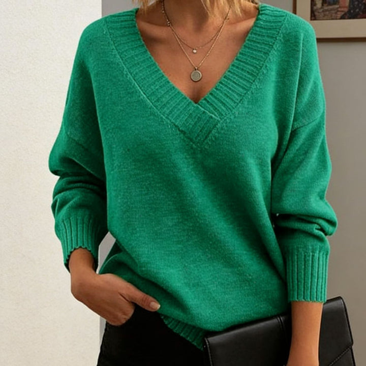 Damen Feinstrickpullover mit tiefem V-Ausschnitt und überschnittener Schulter – Mavelle