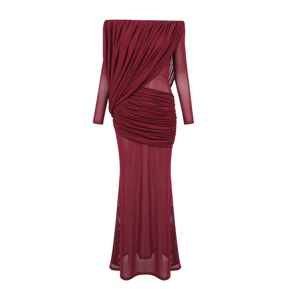 Damen Langarm Maxikleid mit Drapier-Design und schulterfreiem Ausschnitt Echo Archiv