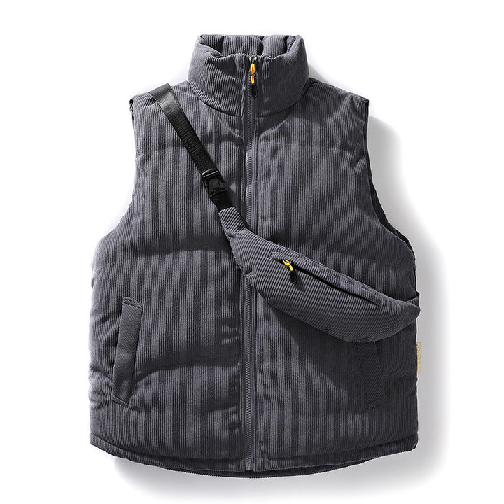 Herren Gepolsterte Feincord-Steppweste mit hohem Stehkragen und integrierter Crossbody-Gürteltasche Echoarchiv