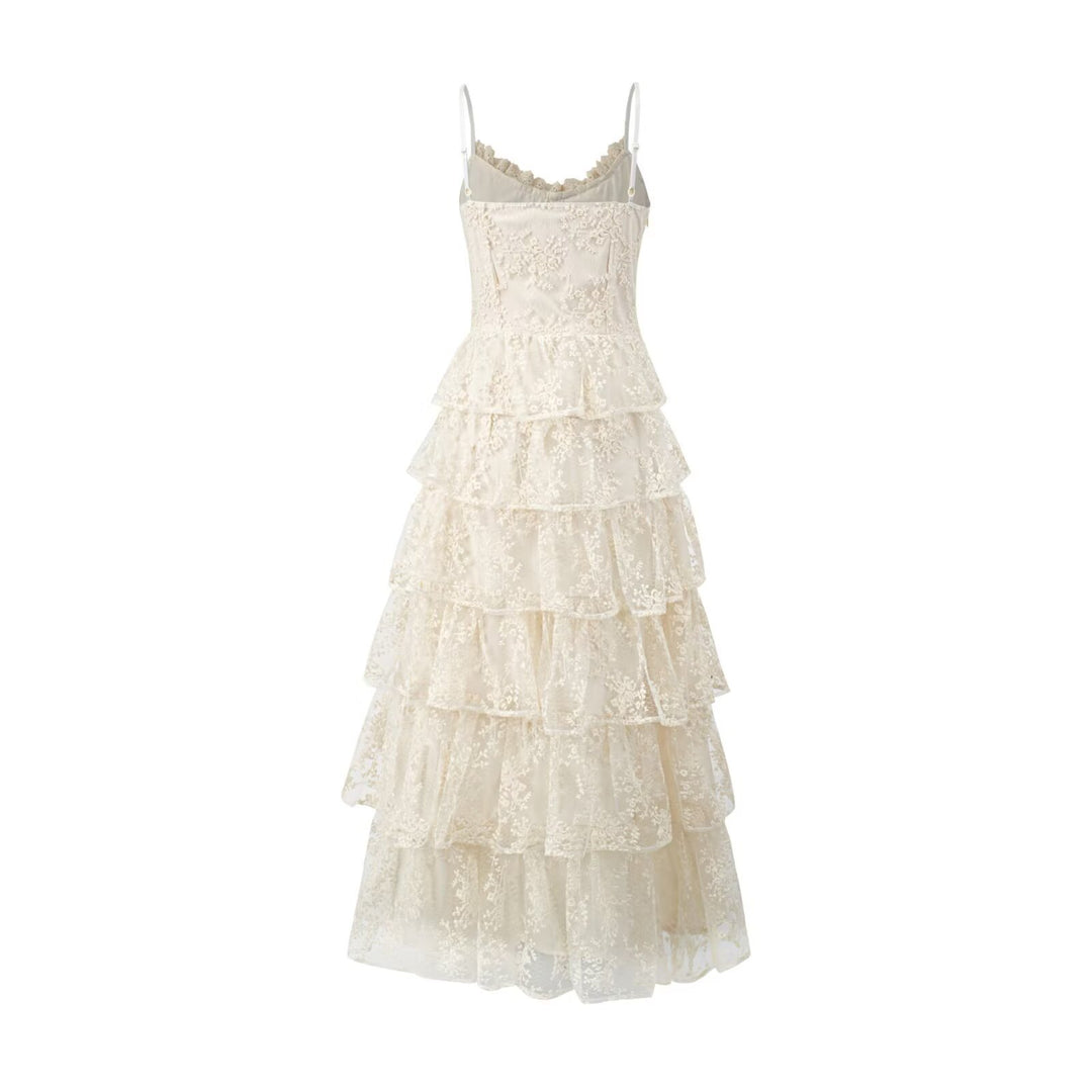 Damen romantisches Spitzenmaxikleid mit voluminösen Rüschenschichten Echo Archiv