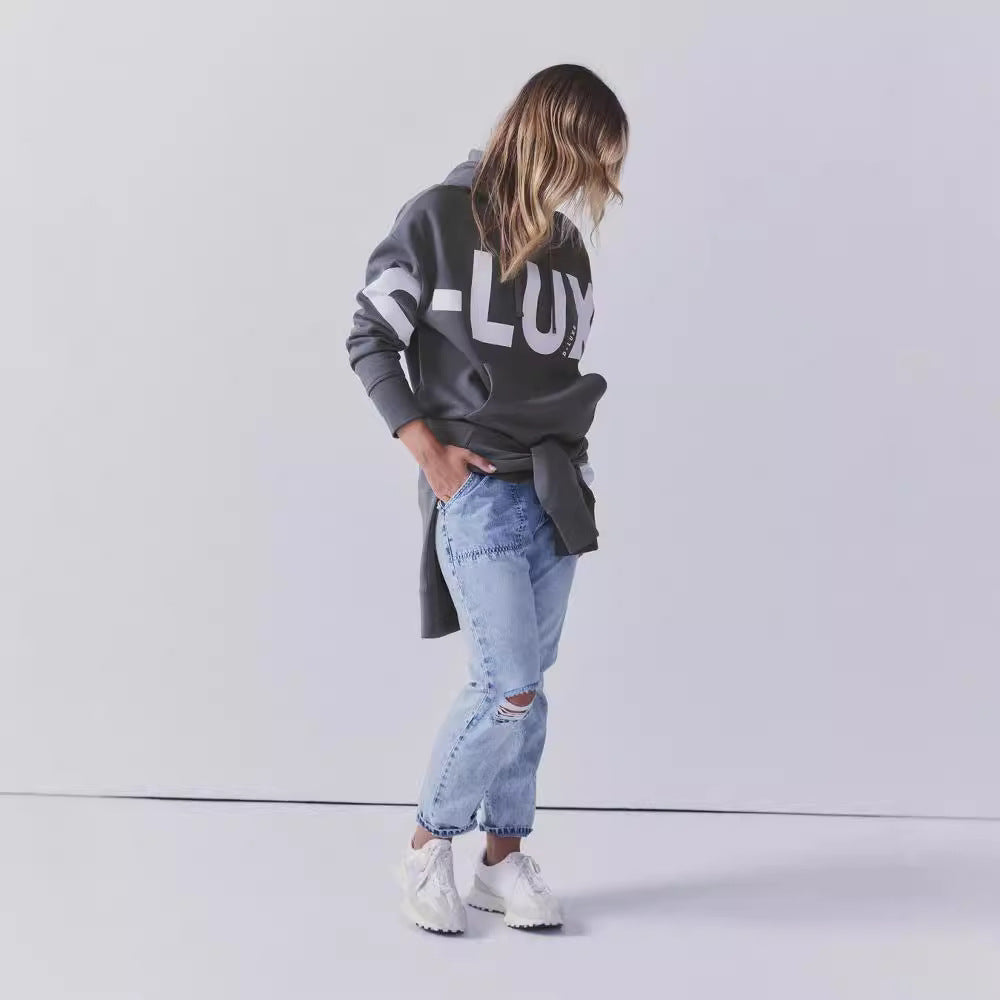 Damen Oversized Kapuzenpullover mit markantem Logoprint, Kängurutasche und Seitenschlitzen Echoarchiv