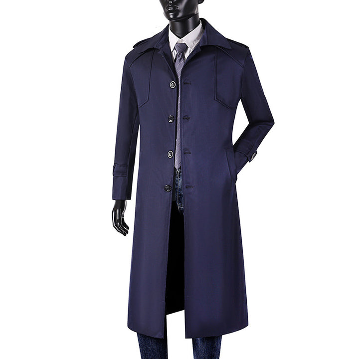 Herren Lang geschnittener Trenchcoat mit klassischem Revers und wasserabweisendem Finish Echoarchiv
